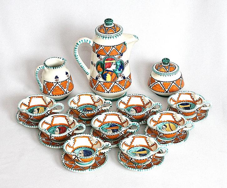 Vintage Majolica Koffie Servies CECCONI S.C.O. ORVIETO Italy, Antiek en Kunst, Antiek | Servies compleet, Ophalen