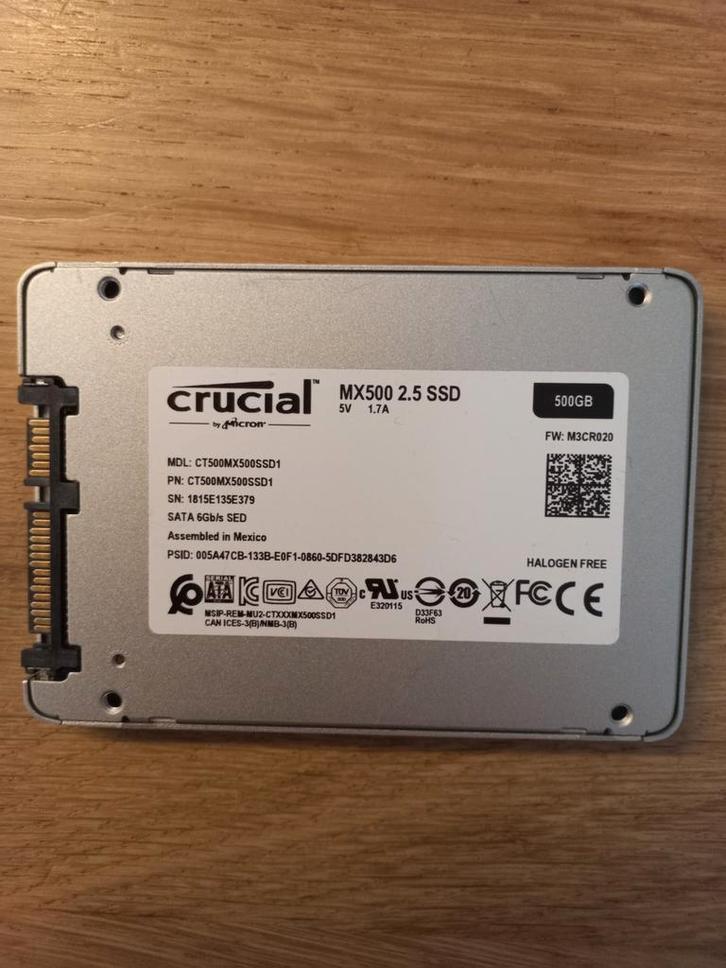 Crucial MX500 500GB SSD - SATA 2.5 inch, Computers en Software, Harde schijven, Gebruikt, Laptop, Intern, SSD, Ophalen of Verzenden