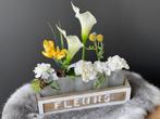 Houten bloembak met 5 flesjes / vaasjes en bloemen, Gebruikt, Minder dan 60 cm, Rechthoekig, Ophalen of Verzenden