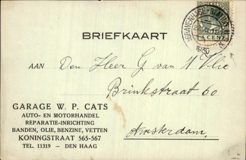 Den Haag - Garage Cats - 1930, Ophalen of Verzenden, 1920 tot 1940, Gelopen, Zuid-Holland