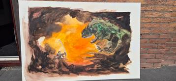 Heroes geïnspireerd schilderij - Man vs T-Rex beschikbaar voor biedingen