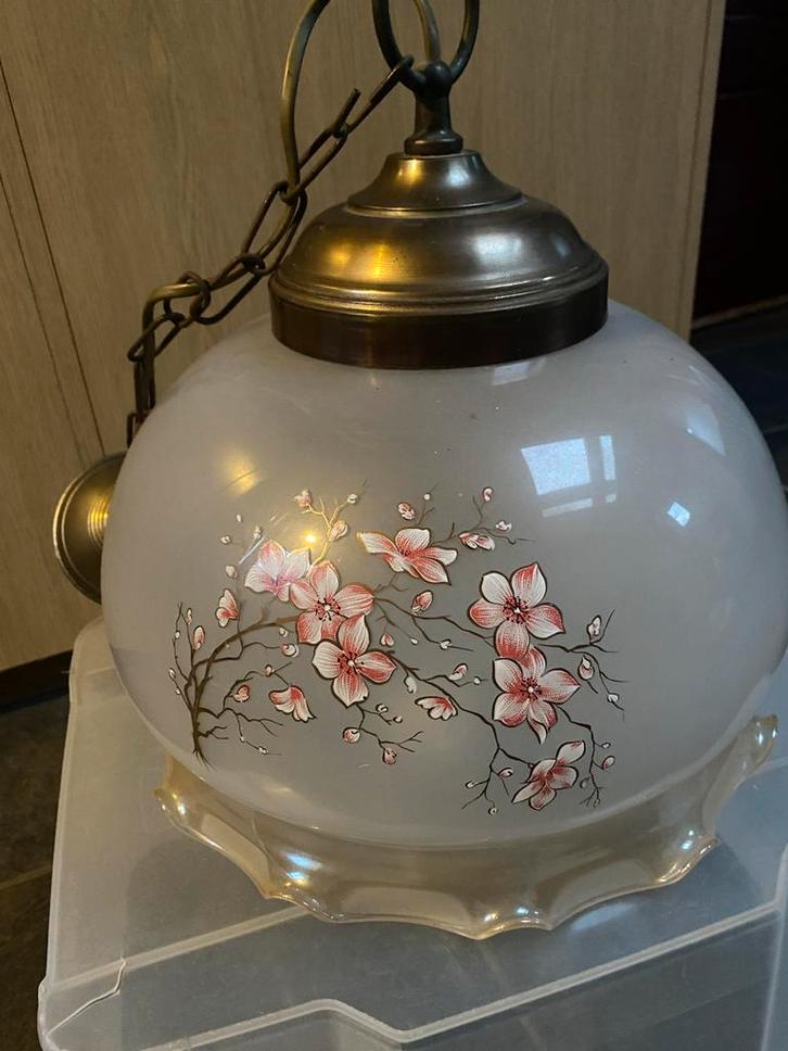 Vintage Glazen Hanglamp met Bloemen, Huis en Inrichting, Lampen | Hanglampen, Gebruikt, Minder dan 50 cm, Glas, Ophalen of Verzenden