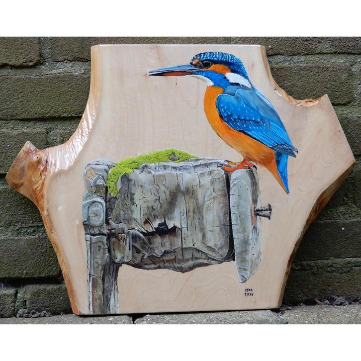 Schilderij ijsvogel op hout voor huis of tuin, Tuin en Terras, Tuinwanddecoratie, Nieuw, Ophalen of Verzenden