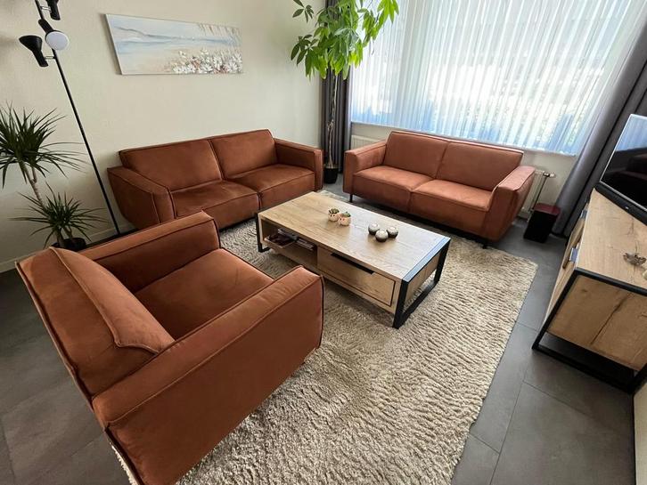 Cognac leder Umix Madixon 2 banken en fauteuil, Huis en Inrichting, Banken | Complete zithoeken, Zo goed als nieuw, Ophalen