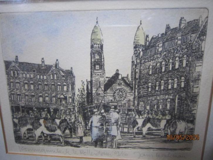 Janus BEEKMAN, Pr ets Veemarkt/Koninginnekerk Rott dam, Antiek en Kunst, Kunst | Etsen en Gravures, Ophalen of Verzenden