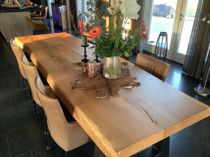 Eiken eettafel met 6 stoelen bruin leer., Huis en Inrichting, Tafels | Eettafels, Zo goed als nieuw, 50 tot 100 cm, 200 cm of meer