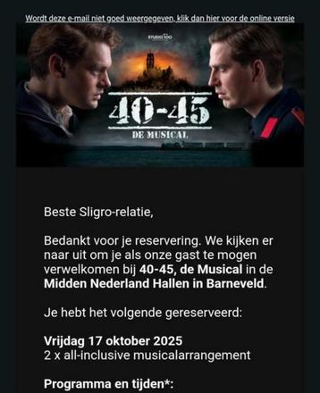 SLIGRO walking diner en musical 40-45 vrijdag 17 oktober beschikbaar voor biedingen