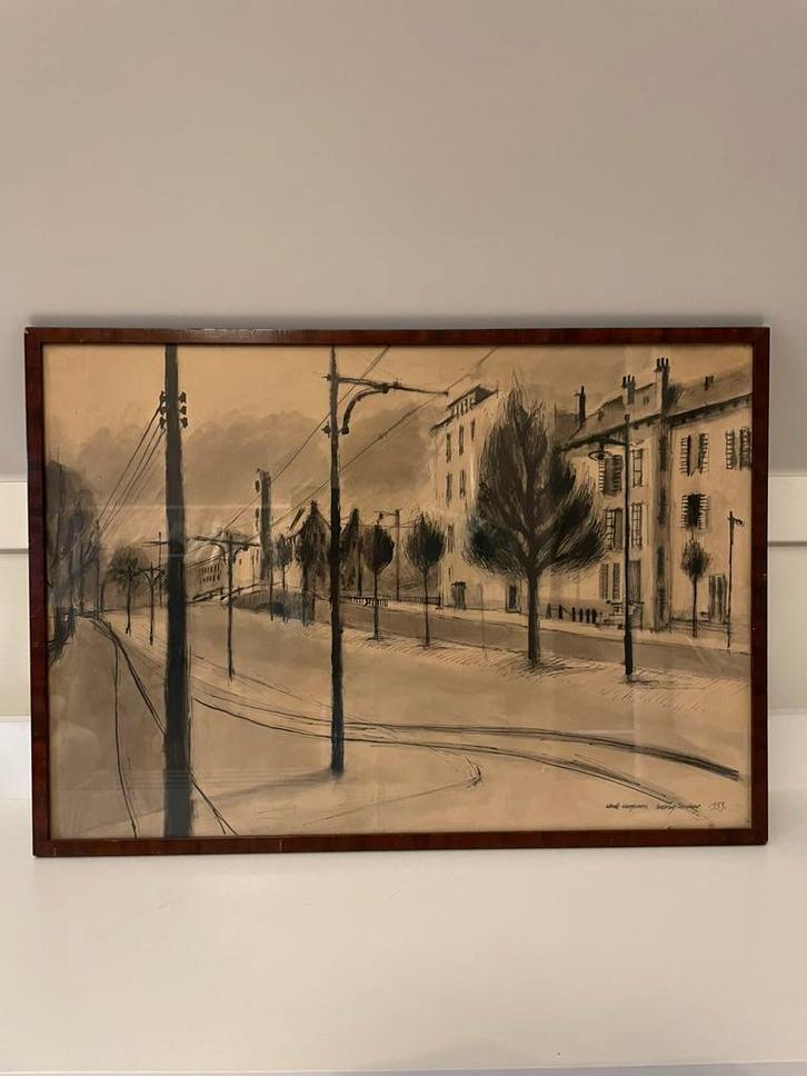 Nanda Hoogeveen NL | Bosbrug Den Haag | pentekening | 1953, Antiek en Kunst, Kunst | Tekeningen en Foto's, Ophalen of Verzenden