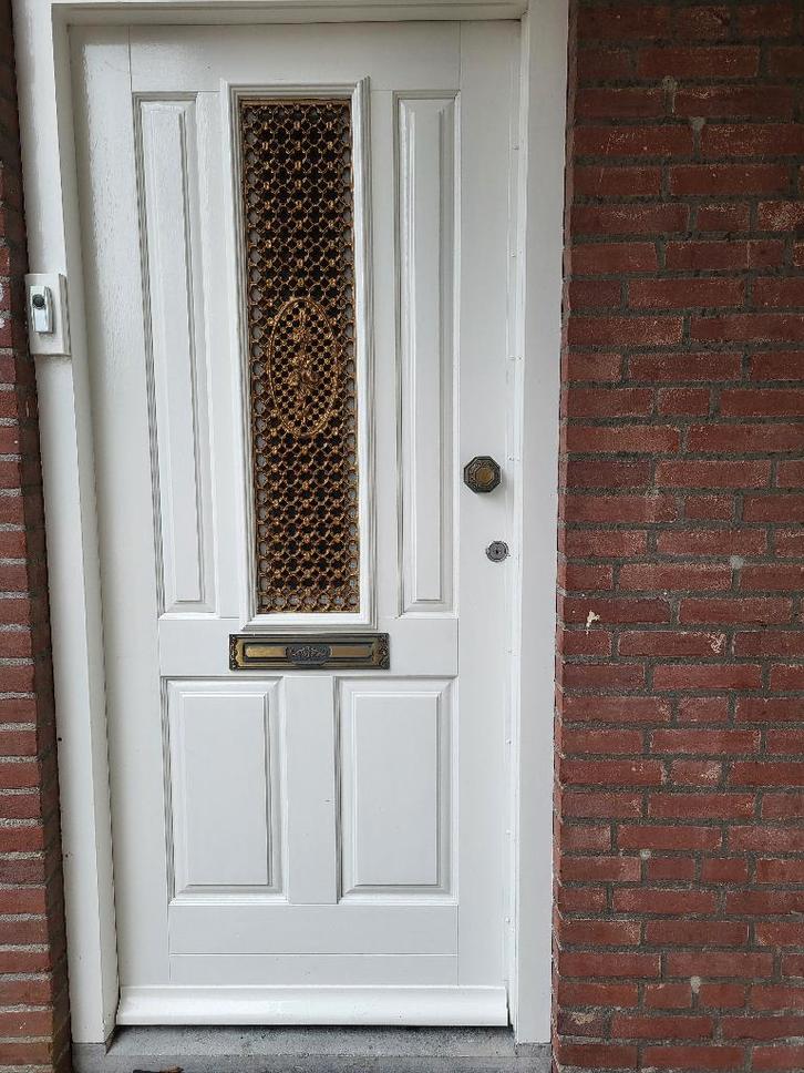 HARDHOUTEN VOORDEUR MET RAAMDEURTJE, Doe-het-zelf en Verbouw, Deuren en Horren, Gebruikt, Buitendeur, 200 tot 215 cm, 80 tot 100 cm