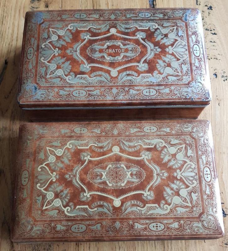 2 Oude Eindhovense sigaren blikken Senator, 1 met oud label, Verzamelen, Blikken, Gebruikt, Overige, Overige merken, Ophalen of Verzenden