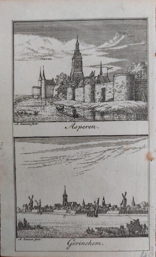 3 / Asperen en Gorinchem - Gravure A. Zeeman uit 1730, Antiek en Kunst, Kunst | Etsen en Gravures, Ophalen of Verzenden