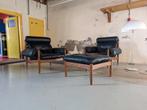 1960s Erik merthen leather lounche armchairs and hocker, Huis en Inrichting, Fauteuils, Ophalen of Verzenden, Zo goed als nieuw