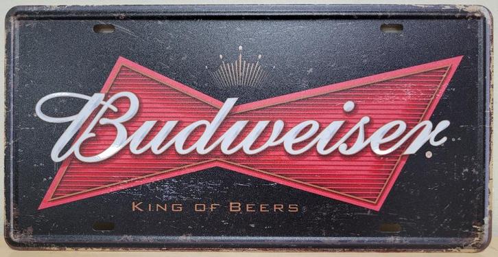 Budweiser king of beers license plate reclamebord van metaal, Verzamelen, Biermerken, Nieuw, Reclamebord, Plaat of Schild, Overige merken