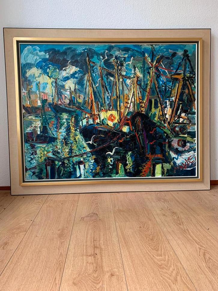 Schilderij van Jan Makkes - Havengezicht, Antiek en Kunst, Kunst | Schilderijen | Abstract, Ophalen