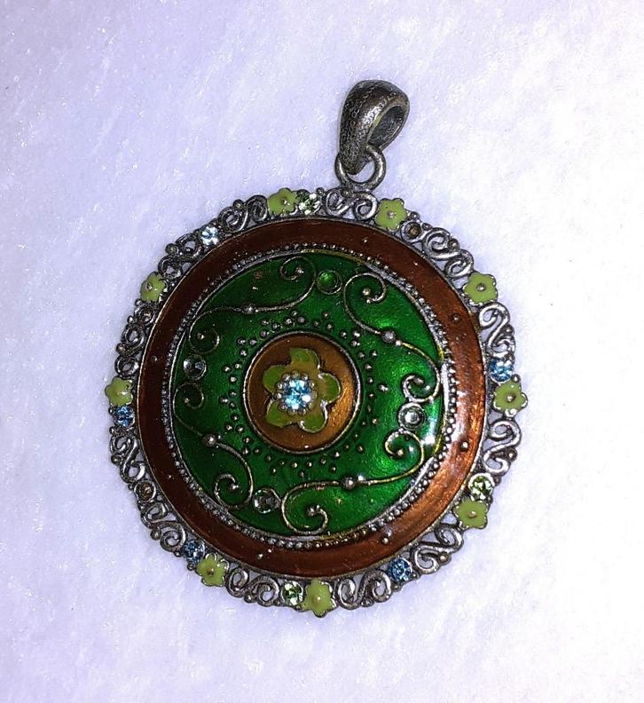 kettinghanger bloem bruin en groen met blauwe strass, Sieraden, Tassen en Uiterlijk, Kettinghangers, Nieuw, Glas of Kristal, Bruin