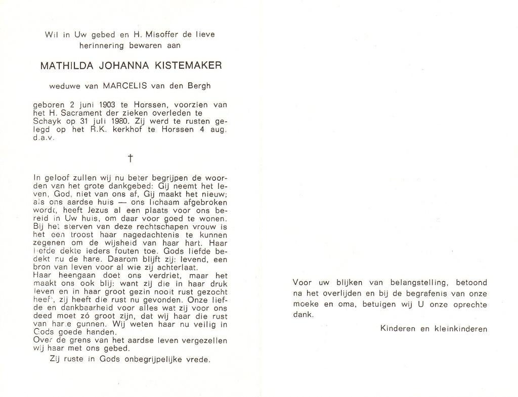 Horssen 1903 - Schayk 1980 Mathilda Kistemaker, Ophalen of Verzenden, Bidprentje