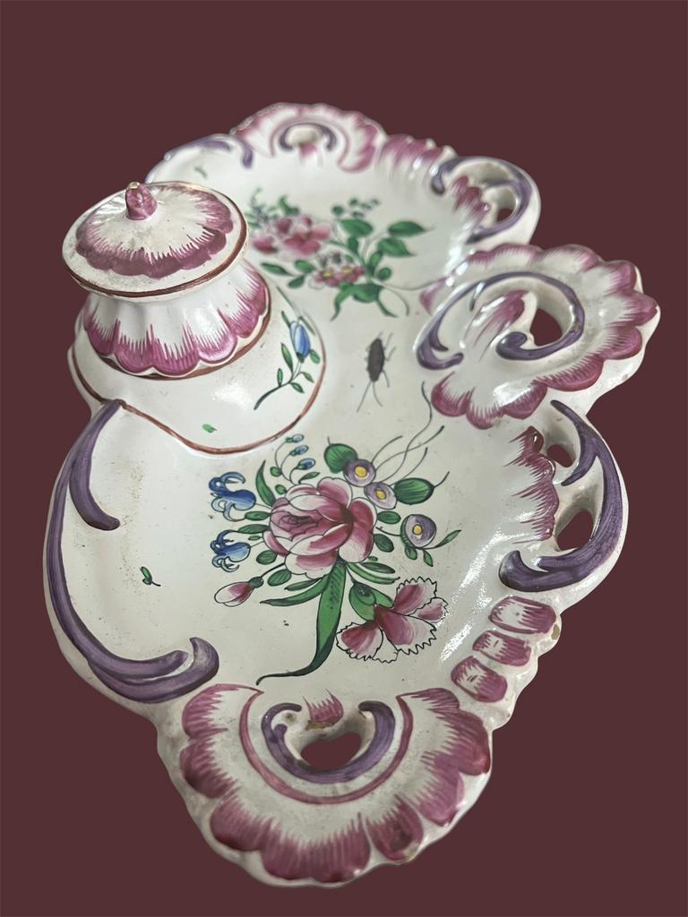 Frans antiek barbotine inktpot schrijfset faience igst, Verzenden, Zo goed als nieuw
