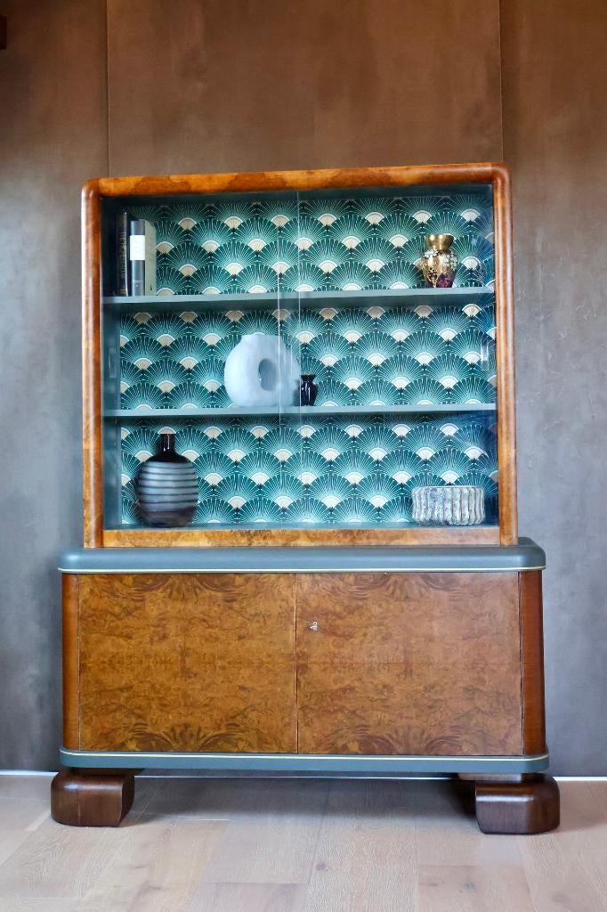 Art Deco buffetkast met wortelfineer, volledig gerestaureerd, Huis en Inrichting, Ophalen, Met deur(en), 100 tot 150 cm, Glas