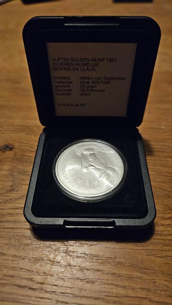 UNC Zilveren 50 Gulden Munt 1991 Huwelijk Beatrix en Claus, Postzegels en Munten, Munten | Nederland, Koningin Beatrix, Ophalen of Verzenden