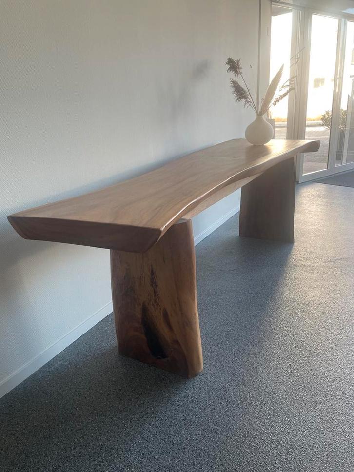 Massief houten sidetable /tafel, uniek design, Huis en Inrichting, Tafels | Sidetables, Zo goed als nieuw, 25 tot 50 cm, 200 cm of meer