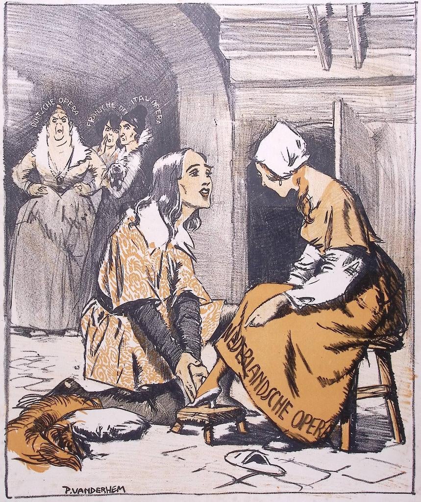 Spotprent over Nederlandse opera tijdens Eerste Wereldoorlog, Antiek en Kunst, Kunst | Litho's en Zeefdrukken, Ophalen