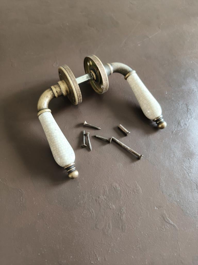 Gamma deurkruk set Olympia rond rozet messing antiek, Ophalen of Verzenden