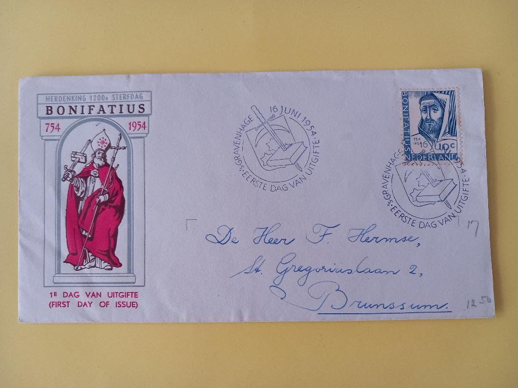 1954 Bonifatius FDC E17 met gesloten klep e1, Postzegels en Munten, Verzenden, Beschreven, Nederland