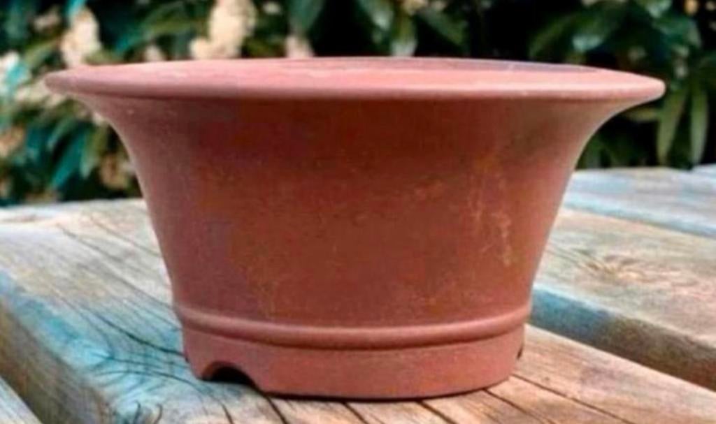 Bonsai schaal bruin ongeglazuurd Japans aardewerk 10,8x5,4, Tuin en Terras, Rond, Ophalen of Verzenden, Zo goed als nieuw, Aardewerk