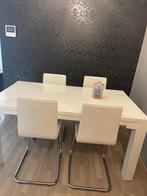 Houten eettafel met 4 wit kunstlederen stoelen, Ophalen, Gebruikt, 100 tot 150 cm, 50 tot 100 cm