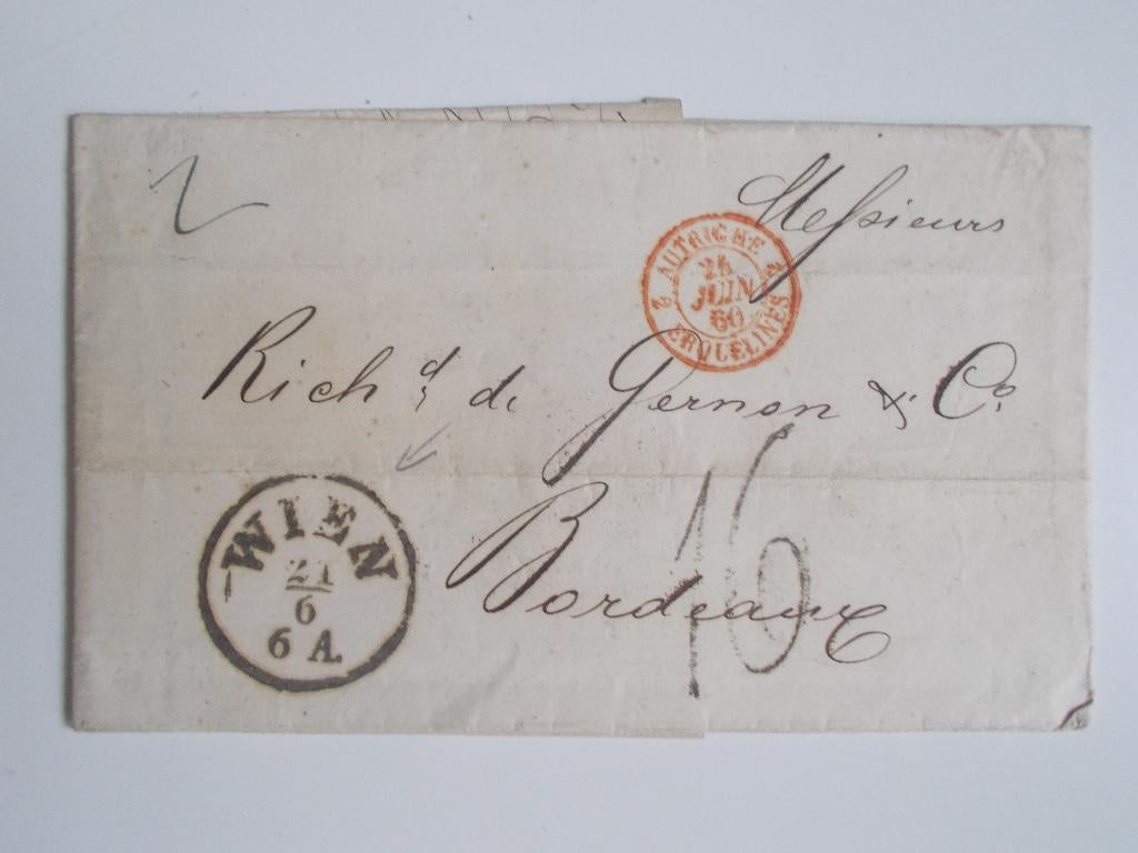 Oostenrijk/Frankrijk, Brief Wenen-Erquelines-Bordeaux 1860., Ophalen, Brief