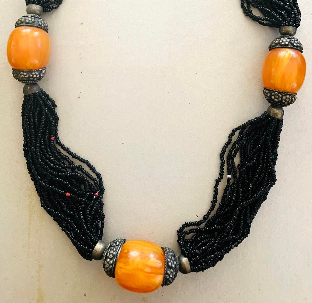 Antieke Berber ketting Marokko Barnsteen zilver Handgemaakt, Verzenden, Gebruikt, Bruin, Steen of Mineraal