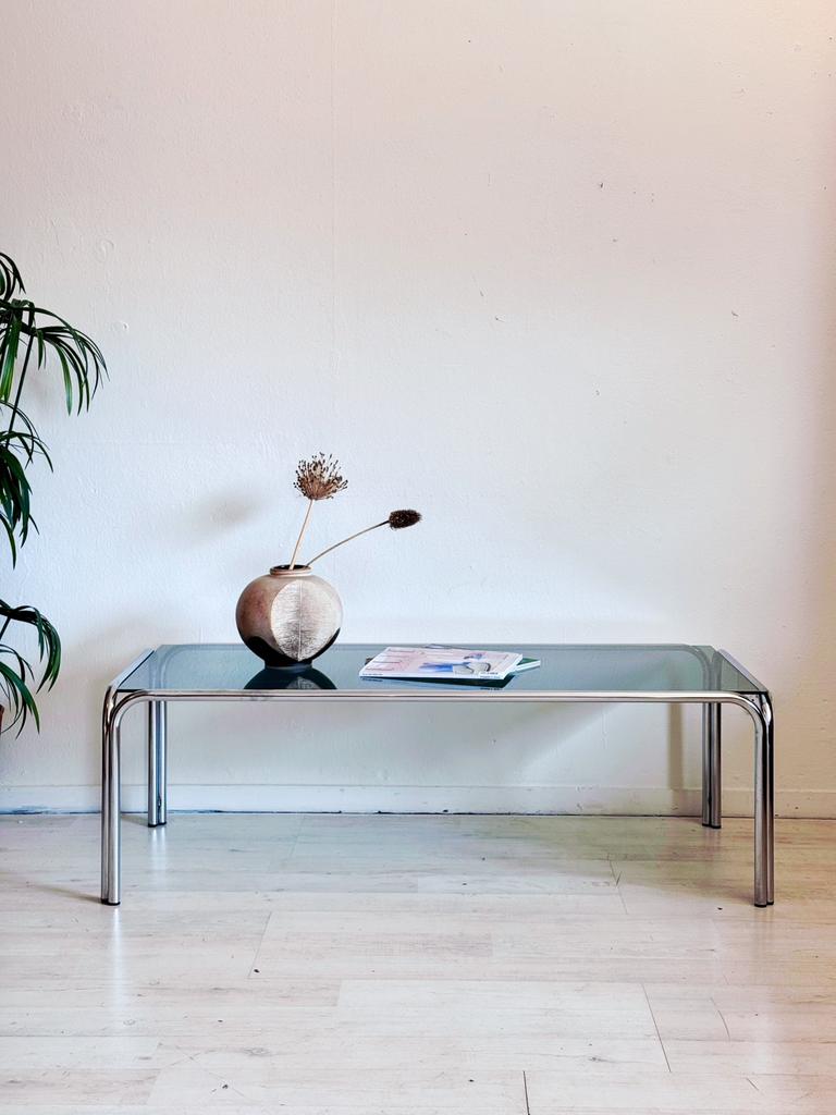 Vintage salontafel chroom en rookglas jaren 70, Ophalen, 100 tot 150 cm, 50 tot 100 cm, Zo goed als nieuw