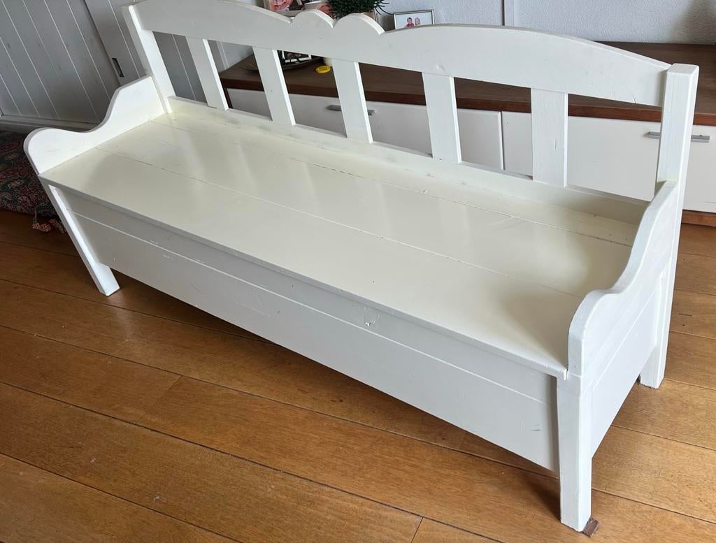 Witte bank met veel opbergruimte - 170x48x83/44 cm, Huis en Inrichting, Stoelen, Gebruikt, Eén, Hout, Wit, Ophalen
