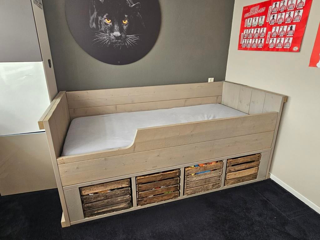 Kajuitbed steigerhout Jasper Rockwood met opbergkratten, 85 tot 100 cm, Gebruikt, 180 cm of meer, Ophalen