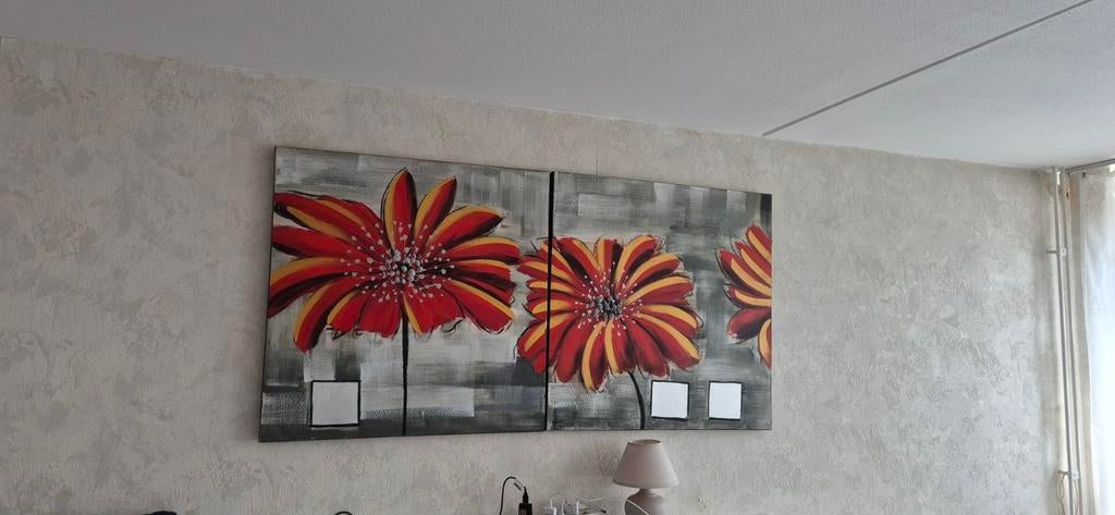 Modern bloemenschilderij - Rood & Geel (2 panelen), Antiek en Kunst, Ophalen of Verzenden