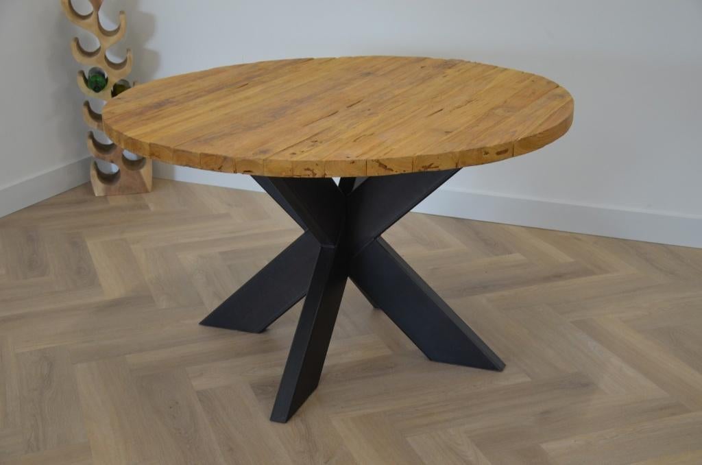 Ronde ruige teak tafel 130 cm, Rond, Nieuw, Ophalen of Verzenden, Vijf personen of meer