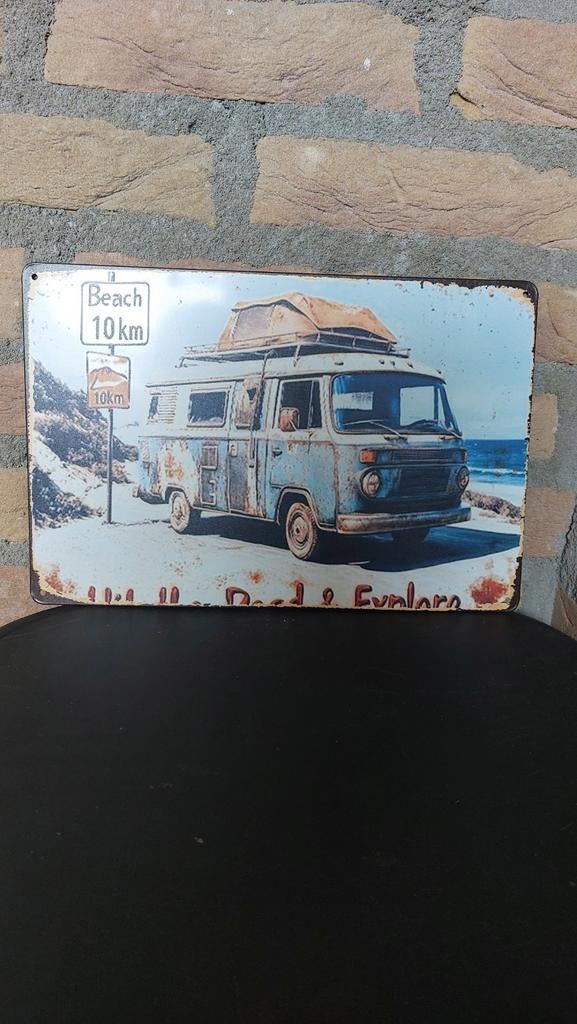 Metalen bord met vw camper en strand, Ophalen of Verzenden, Nieuw, Overige typen