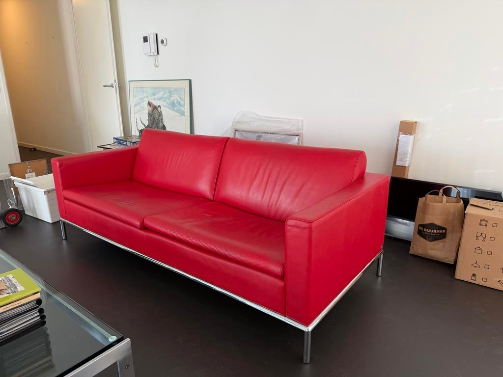 De Sede bank rood leer met chromen onderstel, Huis en Inrichting, Banken | Bankstellen, Ophalen, Gebruikt, 150 tot 200 cm, Driepersoons