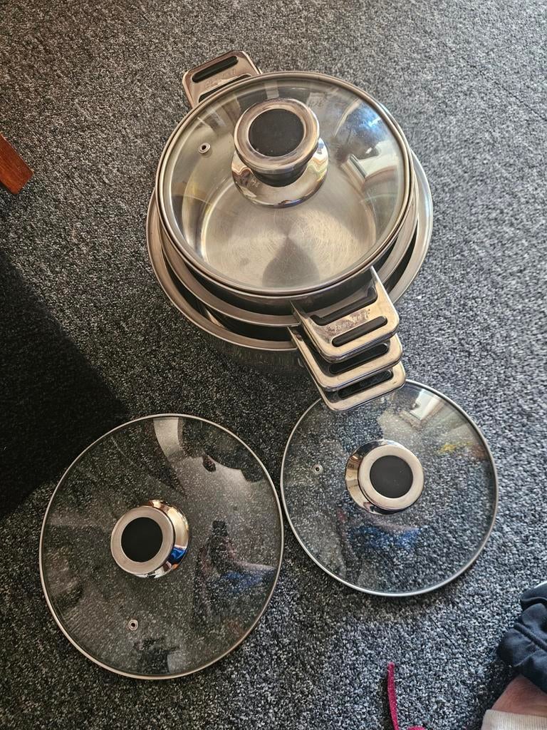 Berghoff  Pannenset RVS met Glazen Deksel, Gebruikt, Pannenset, Ophalen of Verzenden, Rvs