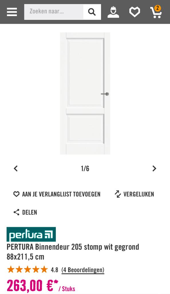 Mooie zware binnendeur (stomp) 88x211,5cm, Doe-het-zelf en Verbouw, Ophalen, 80 tot 100 cm, Binnendeur, Nieuw