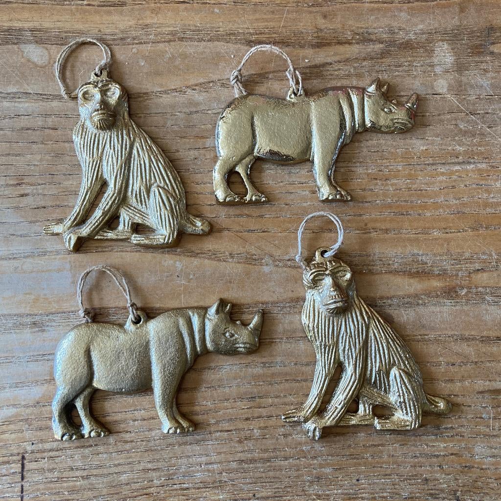 Metalen kerstboomhanger kerst neushoorn aap goudkleurig, Ophalen of Verzenden, Zo goed als nieuw