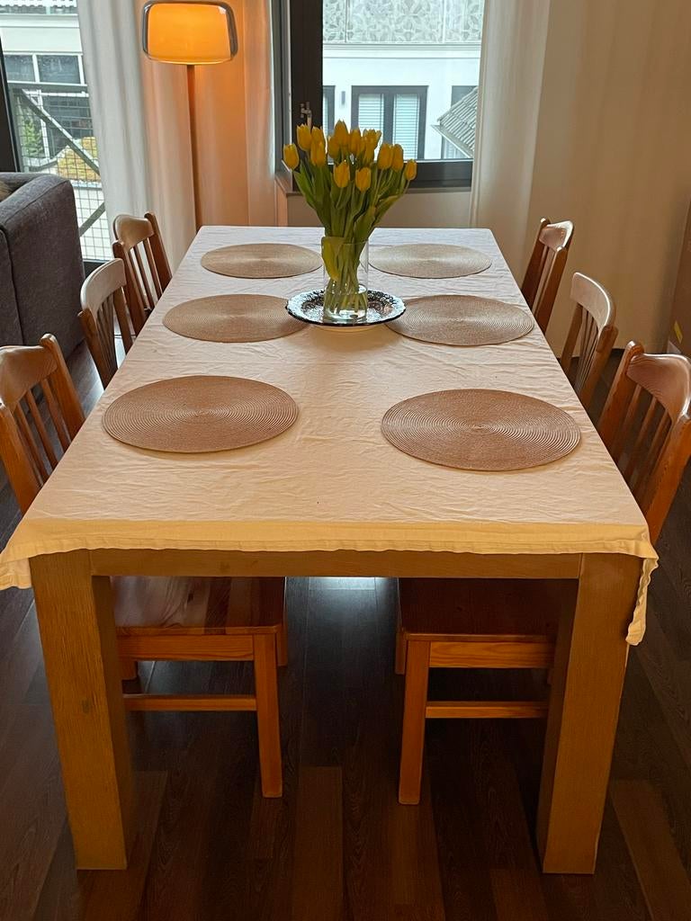 Houten eettafel met 6 stoelen, Gebruikt, Vijf personen of meer, 150 tot 200 cm, Rechthoekig