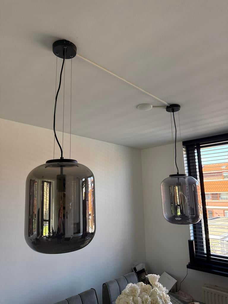 Set van 2 hanglampen - Smoke glas, Ophalen, Zo goed als nieuw, Glas, 75 cm of meer
