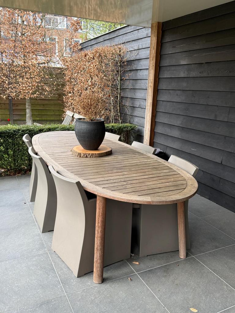 Teakhoutentuintafel Borek met 6 stoelen Haans, Ophalen, Gebruikt, Eettafel, 6 zitplaatsen