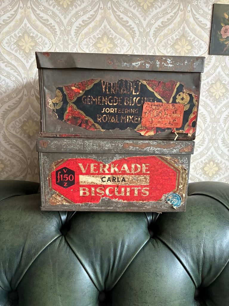 2 oude verkade blikken trommels, Verzamelen, Blikken, Ophalen of Verzenden, Zo goed als nieuw, Koek(jes), Verkade
