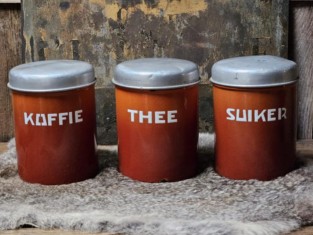 Set voorraad bussen oranje emaille koffie/ thee/suiker, Ophalen of Verzenden