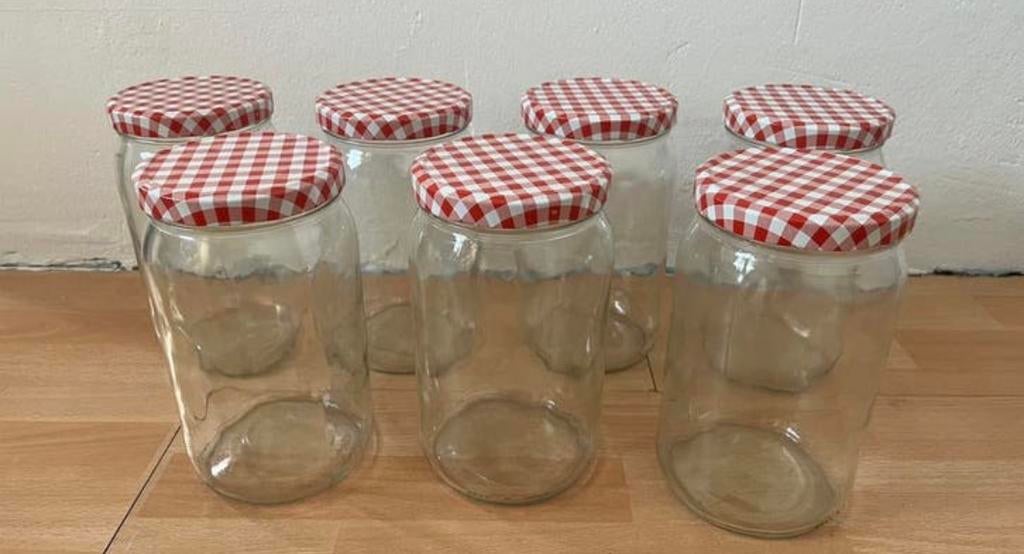 Glazen potten met (geruit) deksel. Weckpotten, Huis en Inrichting, Keuken | Potten en Pannen, Zo goed als nieuw, Pot, Bus of Blik