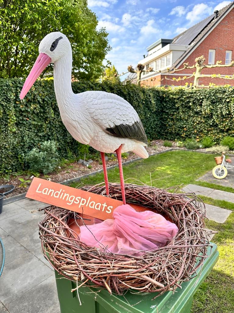 Geboorte ooievaar nest met bordje landingsplaats, Ophalen, Gebruikt, Geboortebord