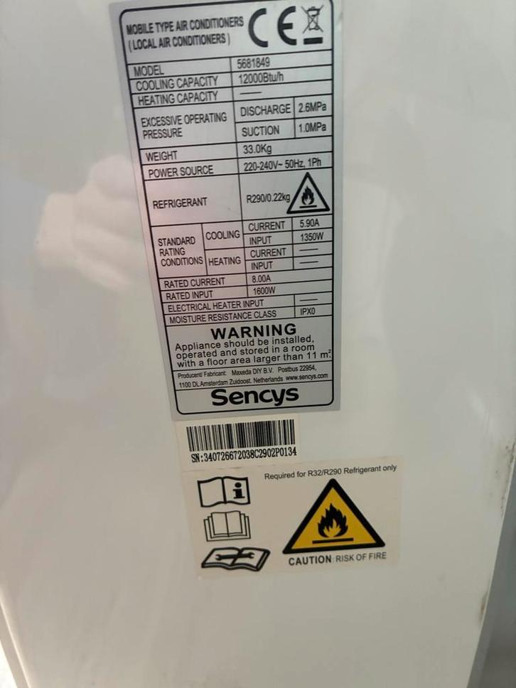 Mobiele airconditioning Sencys, Witgoed en Apparatuur, Airco's, Gebruikt, Mobiele airco, Minder dan 60 m³, 3 snelheden of meer