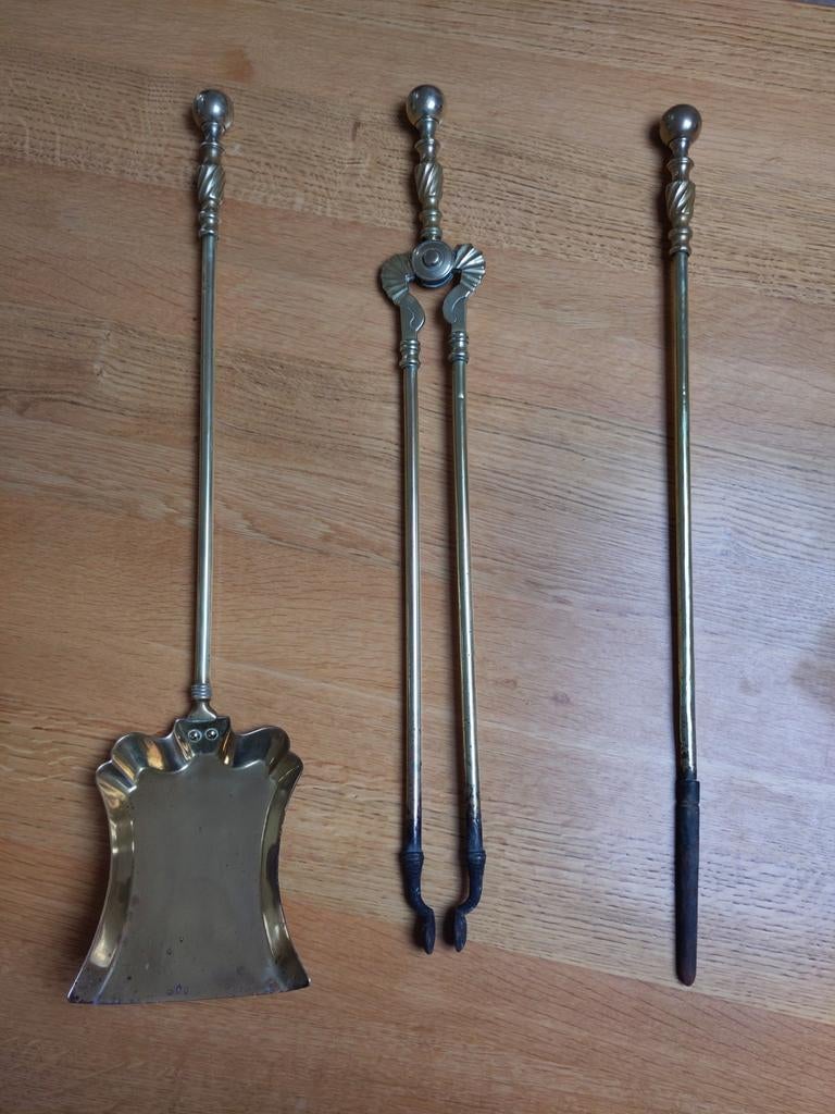 Antiek massief koperen haardstel, Ophalen of Verzenden